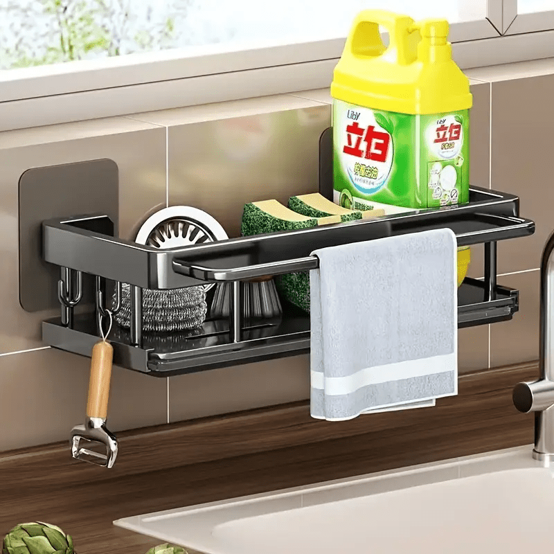 1 Organizador de Cocina con Soporte para Toallas, Especiero, Cesta para Esponjas y Desagüe de Fregadero, Solución para el Desagüe del Fregadero, con Barra para Toallas y Soporte para Cristales.